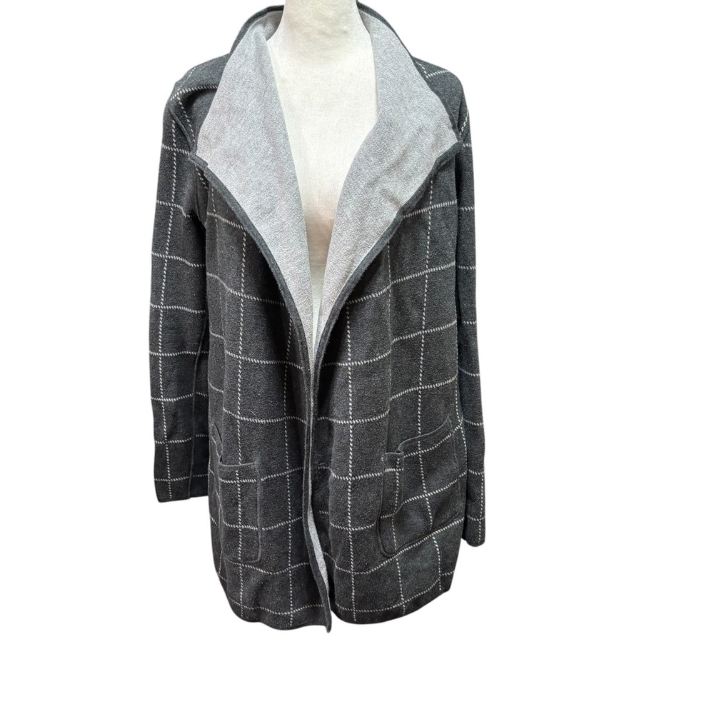 Loft Women Gray Windowpane Open Front Cardigan Sweater Shawl Collar Pockets S